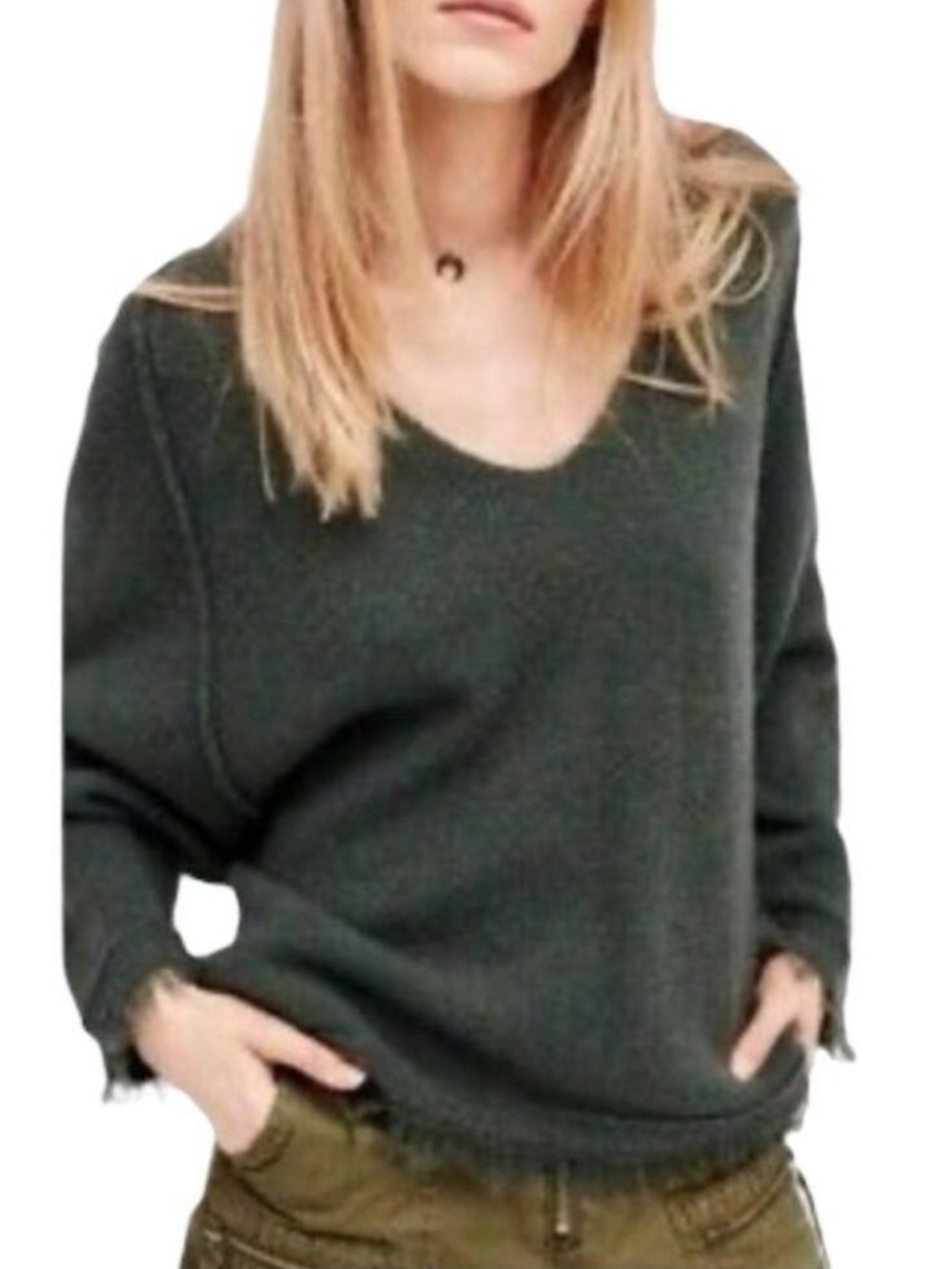 FREE PEOPLE Irresistible Boho Oversized Wool V-Neck Sweater Fringe Green XS